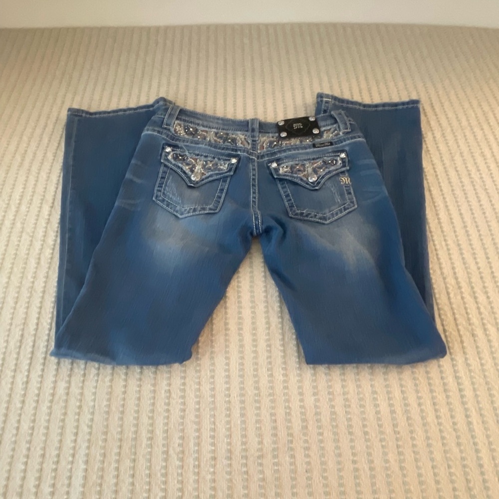 Miss Me Blue Boot Cut Distressed Jeans with Embellished Back Pockets - Size: 30